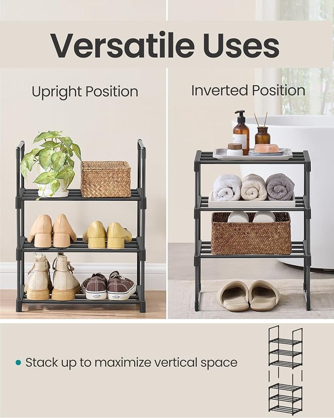 SONGMICS Shoe Rack, 3-Tier Shoe Organizer, Metal Storage Shelf | for Entryway, Upright or Upside Down, for 4-8 Pairs, Stackable, 11.8 x 16.7 x 21.5 Inches, Black ULSA003B01 - Image 4