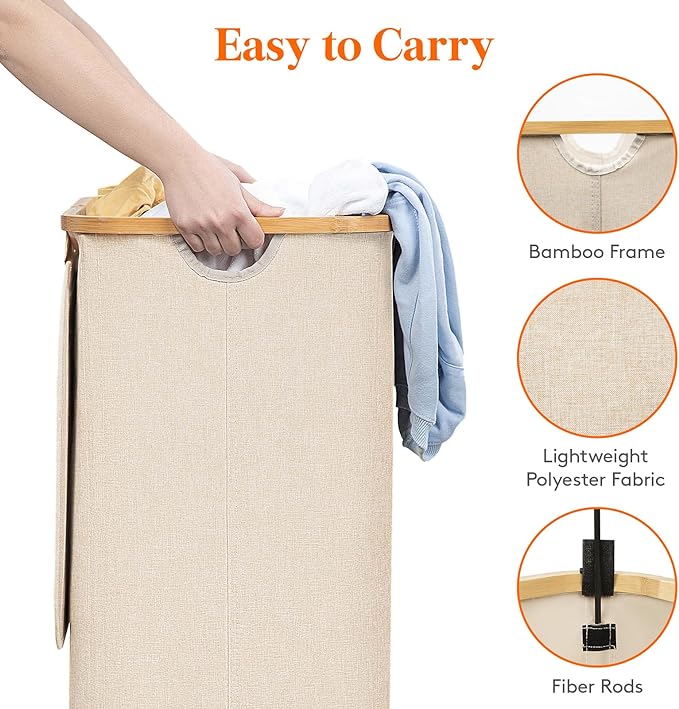 Lifewit 80L Large Laundry Basket with Lid, Removable Bags, Beige - Image 6