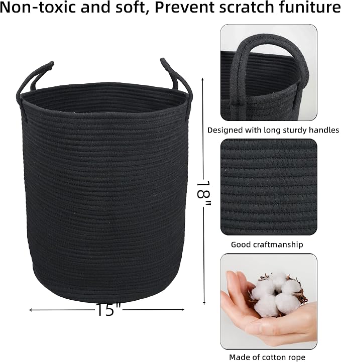 XUANGUO Black Cotton Rope Laundry Basket Hamper for Clothes Large - Image 2