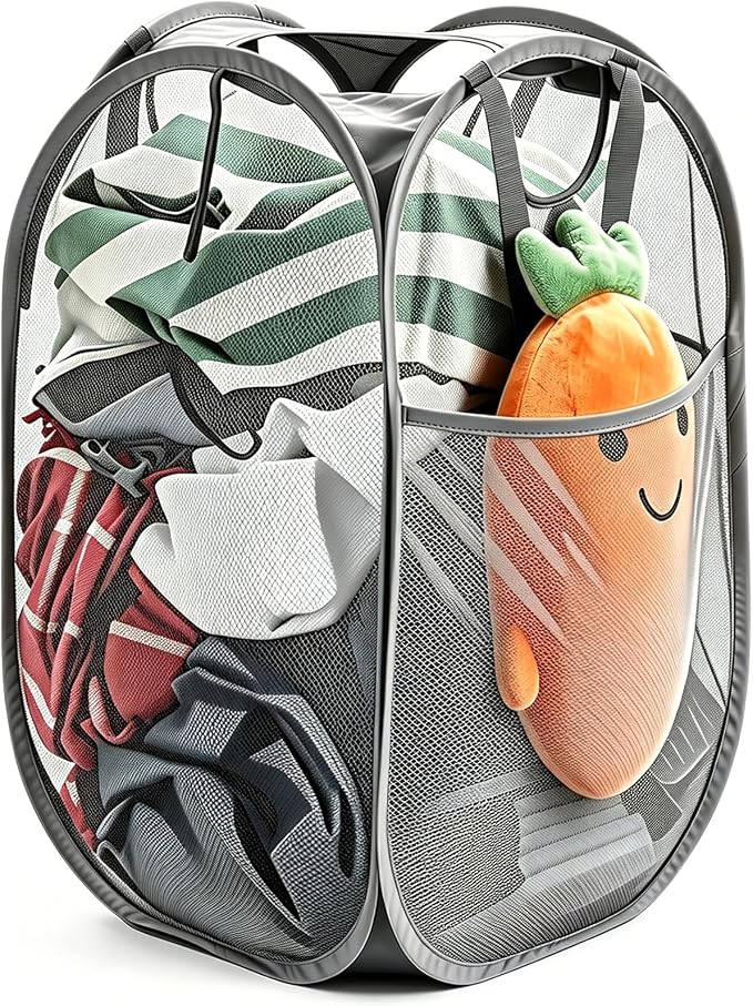 HOUSE AGAIN Strong Mesh Pop Up Laundry Hamper, 70L Collapsible Laundry Basket with Steel Frame, Double‑Stitched Handles & Side Pocket, Foldable Dirty Clothes Hamper for Dorm, Bedroom, Grey by HOUSEAGAIN