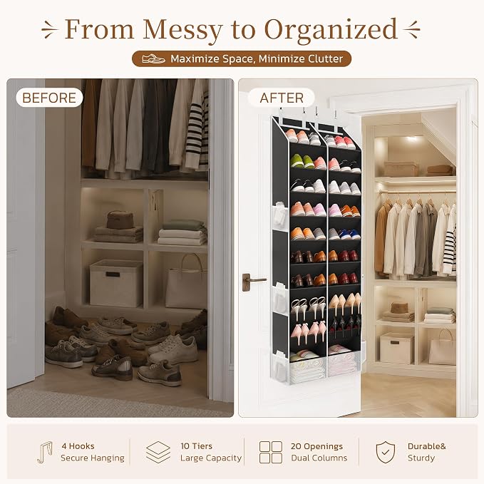 Criusia Over the Door Shoe Organizer, 20-30 Pairs Heavy-Duty Hanging Shoe Storage with Large Pockets, 10-Tier Door Shoe Rack with 4 Hooks for Sneakers Sandals Heels Boots (Black) - Image 2