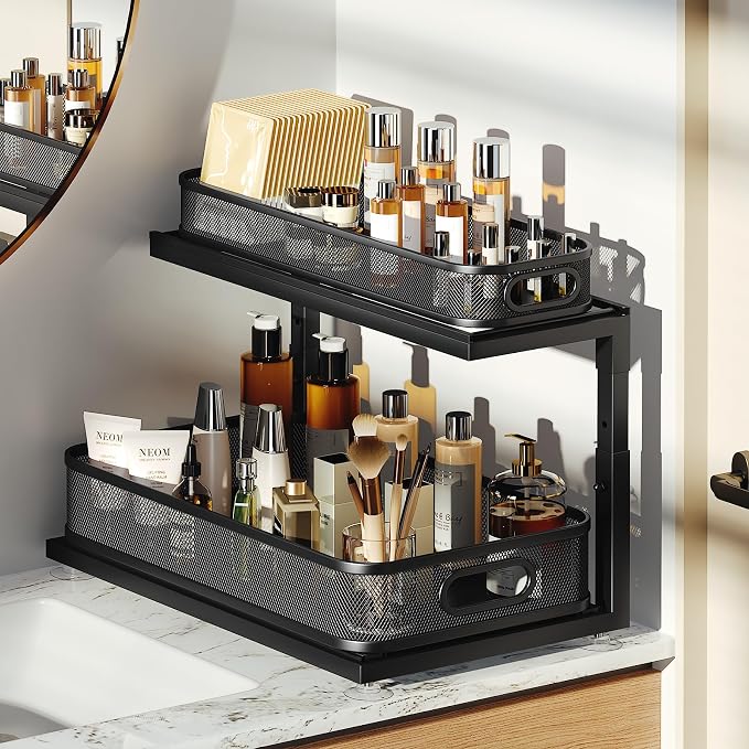 1 Pack Under Sink Storage Organizer with 2-Tier Slide Out Drawer, Sophisticated Mesh Pull Out Shelf for Kitchen & Bathroom, Fits Small Items, Upgraded Arched Track for Smooth Gliding-Black - Image 6