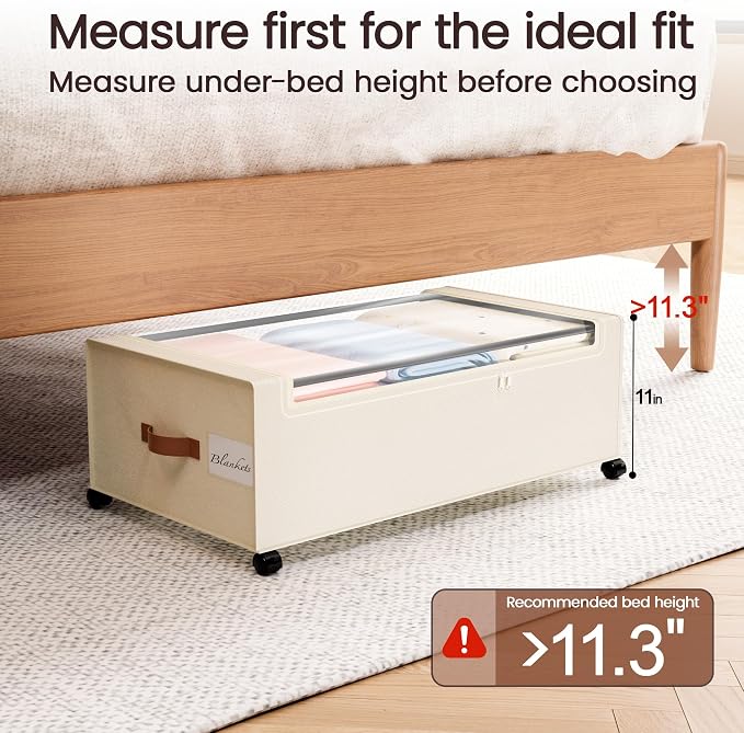 Yecaye 95L Under Bed Storage Containers, Fits 11" Under Bed, 2 Pack, Beige | XXL Capacity, 360° Rolling Wheels, Sturdy Metal Frame, Clear Window & Label, Storage Bins for Clothes, Shoes, Blankets - Image 3