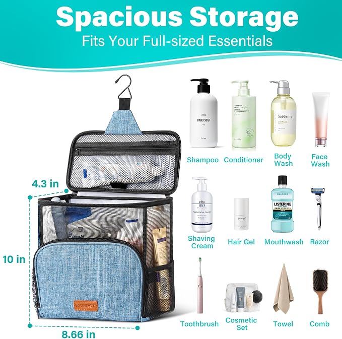 Hanging Toiletry Bag, Shower Caddy Tote Bag (Updated Version, Full Size Bottle Compatible), Bath Organizer for College Dorms, Gym, Camp, Women Men, with Funny Luggage Tag - Image 3