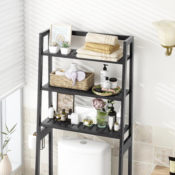 MallKing Over-The-Toilet Storage Rack, Wooden 3-Tier Over-The-Toilet Storage Rack Bathroom Space Saver Organizer, Freestanding Above Toilet with Toilet Paper Holder and Hooks (Black) - Image 3