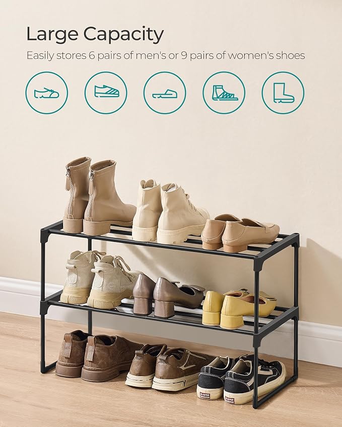 SONGMICS Shoe Rack, 2-Tier Shoe Organizer, Metal Storage Shelf | for Entryway, Upright or Upside Down, for 6-9 Pairs, Stackable, 11.8 x 26.8 x 14.6 Inches, Black ULSA202B01 - Image 6