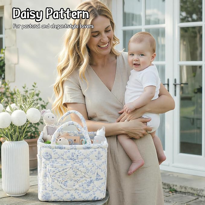 Quilted Fabric Car Storage Basket with Handles & Pocket, Foldable Laundry Hamper Boho Floral Print Organizer Bin for Home, Picnic, Office Nursery Cloth Toy 12"x10"x10" (Style F) - Image 5