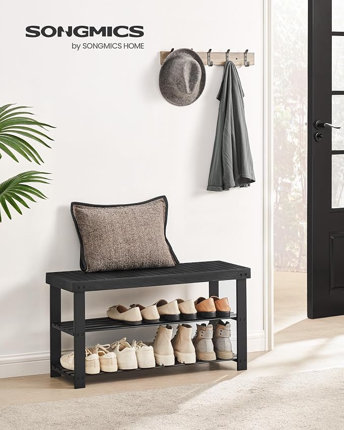 SONGMICS Shoe Rack Bench, 3-Tier Bamboo Entryway Bench, 35.4 Inches Width | Shoe Storage Organizer, Holds Up to 286.6 lb, Ink Black, BAMBOU Collection ULBS090B33 - Image 2