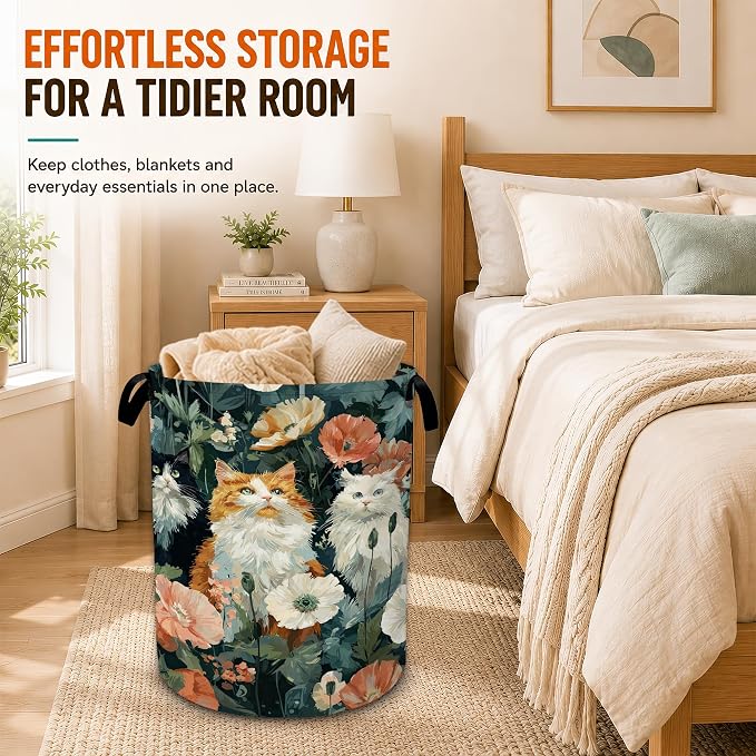 Cute Cat Laundry Basket,Poppy Flowers Foldable Oxford Laundry Hamper with Handles,Collapsible Clothes Storage Basket for Bedroom,Bathroom,or Laundry Room,20.8 x 16 Inches - Image 6