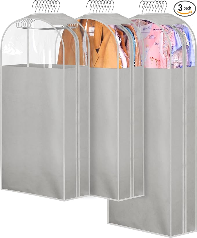 MISSLO 10" Gusseted Garment Bags for Hanging Clothes 40"+50" Clear Suit Bags for Closet Storage Dress Bag for Gowns Long Coat Protector, 3 Packs, Grey by MISSLO