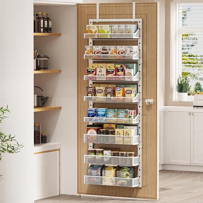 POKIPO Over the Door Pantry Organizer 8-Tier, Large Metal Door Spice Rack with Adjustable Basket, 2 in 1 Wall Mount or Hanging Heavy-Duty Pantry Door Storage Shelf for Kitchen and Bathroom, White - Image 2