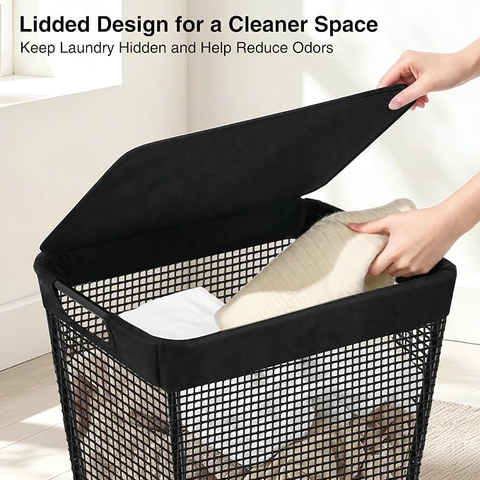 STO STO 75L Laundry Hamper with Lid, Black Clothes Hamper with Handles, Breathable Vinyl Mesh Laundry Basket, Sturdy Steel Frame, Space Saving Laundry Bin for Bathroom, Bedroom, Dorm, Small Spaces - Image 5