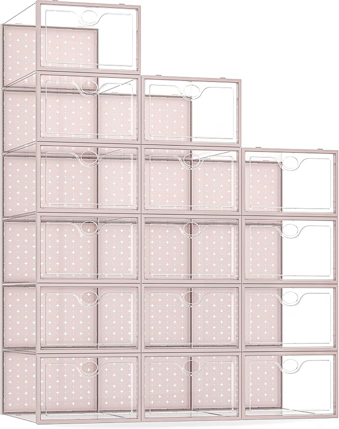 Pinkpum 15 Pack X-Large Shoe Storage Boxes, Shoe Organizer Clear Stackable | Fit US Size 11, 6.2” Height, Shoe Dispaly Case Holder Bins Sneaker Storage for Sneakerheads, For Home and Family, Pink by Pinkpum