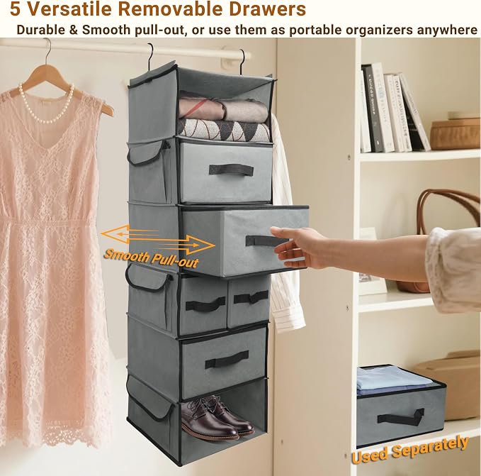 Durable 6-Tier hanging closet organizer with 5 Drawers & 3 Side Pocket,Thickened Fabric Hanging Shelves Holder with Sturdy Hook,Space-saving Storage Organization for Bedroom,Dorm,Guestroom,RV,Bathroom - Image 5