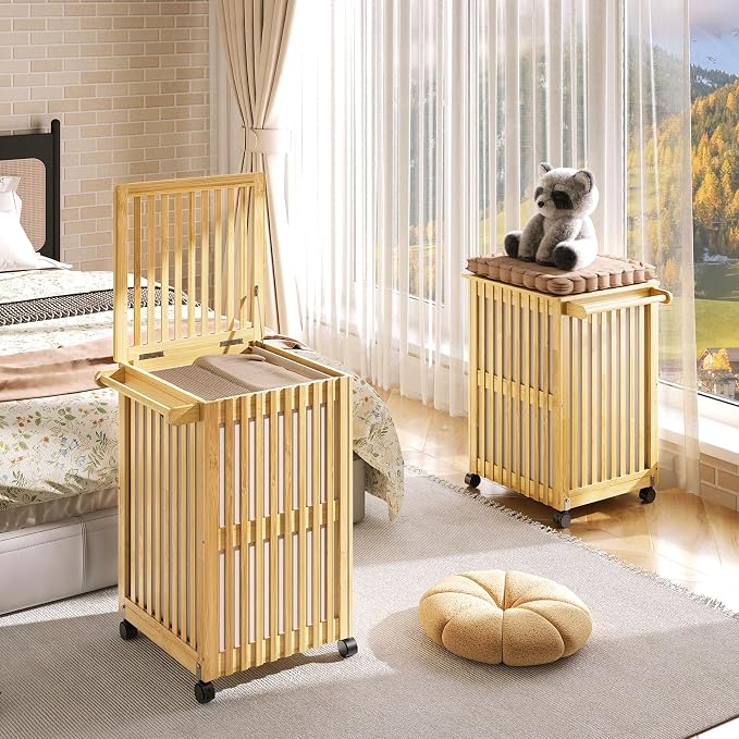 HOOBRO Laundry Hamper with Lid and Wheels, 120 L (31Gal) Double Laundry Basket, Bamboo Clothes Hamper with Handles and Removable Liner, for Laundry Room, Bathroom, Bedroom, Natural YL60XY01 - Image 6