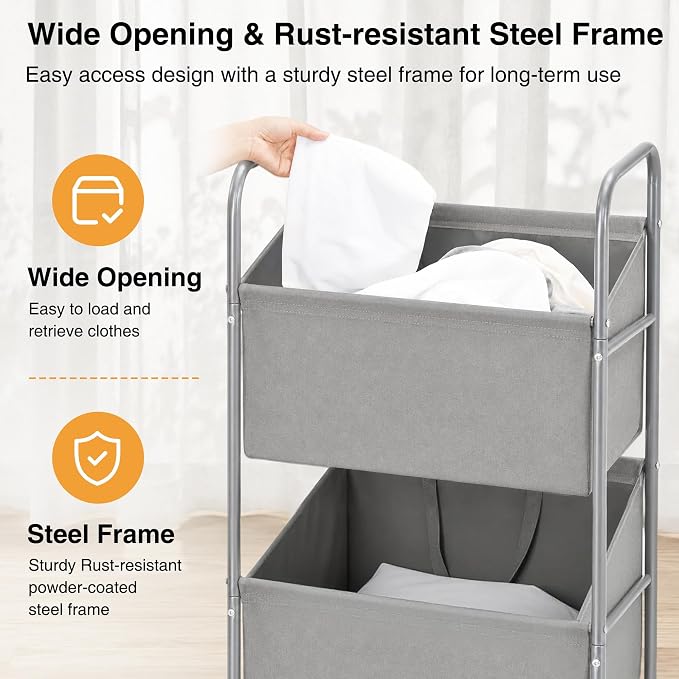 STO STO 3-Tier Vertical Rolling Laundry Hamper, Removable Bags, Gray Faric - Image 6