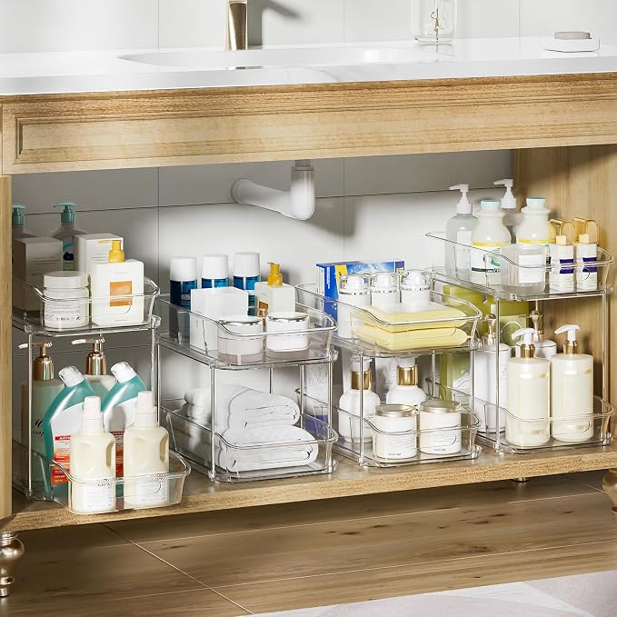 Delamu 2-Tier Under Sink Organizers and Storage, Multi-Purpose Stackable Bathroom Cabinet organizers, Pull Out Kitchen Pantry Organization and Storage with Dividers(4 Pack, Clear) - Image 2