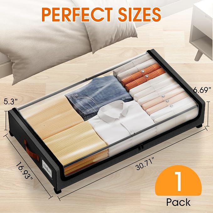 Under Bed Storage with Wheels 1Pack Storage Containers with Clear Window | Under Bed Drawers Rolling Under Bed Storage for Clothes,Shoes, Blankets (30.71 x 16.93 x 6.69 in, Black) - Image 2
