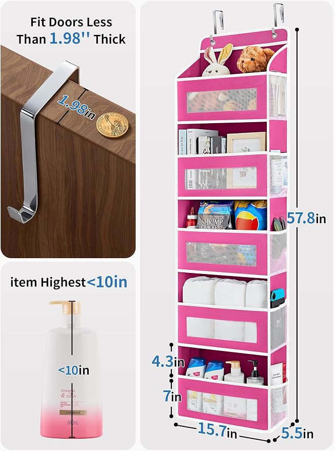 JARLINK Over the Door Organizer for Bathroom, 5 Shelf Rose Pink, 2 Pack | Anti-Tilt Design, 44 lb Load Capacity, Hanging Door Organizer with 5 Large Capacity Pockets, Behind Door Storage for Nursery - Image 3