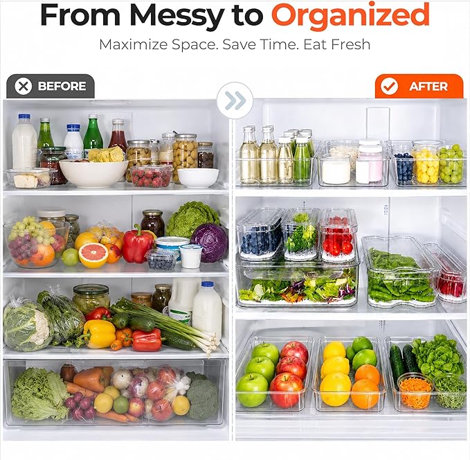 SMRCAD 8 Pack Clear Fridge Organizer Bins with Drain Trays - Stackable - Image 8