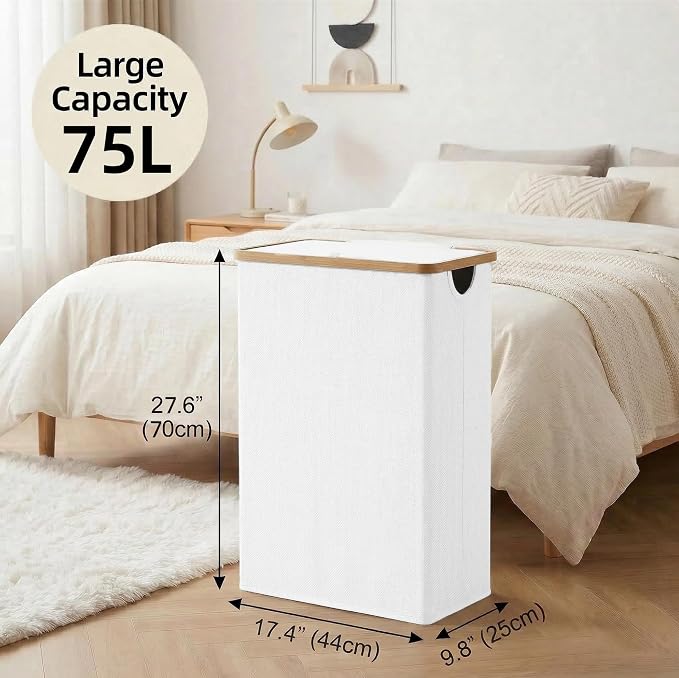 efluky Slim Laundry Basket with Lid, Narrow Laundry Hamper with Removable Bag, Skinny Dirty Clothes Basket with Bamboo Handles for Bathroom, Bedroom & Laundry Room, 75L White - Image 5