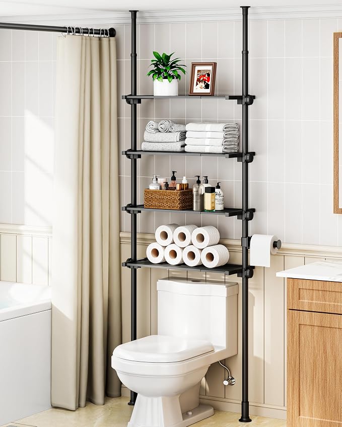 ALLZONE Adjustable Over The Toilet Storage Shelf, 4-Tier Ample Bathroom Organizer and Storage, Tension Mounted Above Toilet Storages Cabinet for Versatility, Fits 66-113 Inch Heights, Black by ALLZONE