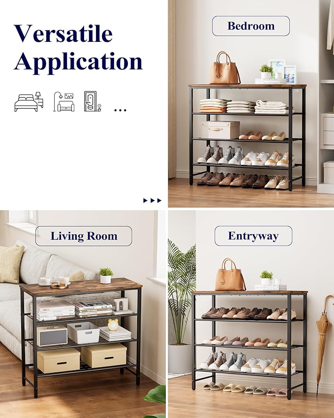Kitsure Shoe Rack for Closet, Shoe Storage, 29.5" Wide - 4 Tier, Brown | Space-Saving Shoe Organizer with Leveling Feet, Sturdy & Rust-Proof Wooden Shoe Rack for Entryway, Bedroom, Living Room - Image 6