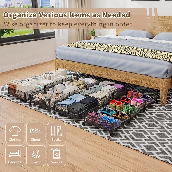 47.2'' Long Under Bed Storage on Wheels, 57.6L Large Capacity Rolling Under the Bed Storage Containers, Tool-Free Assembly Foldable Underbed Shoes Clothes Toy Drawers - Image 2