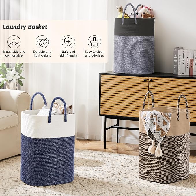 Laundry Basket,Woven Cotton Rope Laundry Hamper,Versatile Storage for Dirty Clothes,Baby Toys,and Blankets in Bathroom, Nursery,and Living Room (Jute, 60L) - Image 4