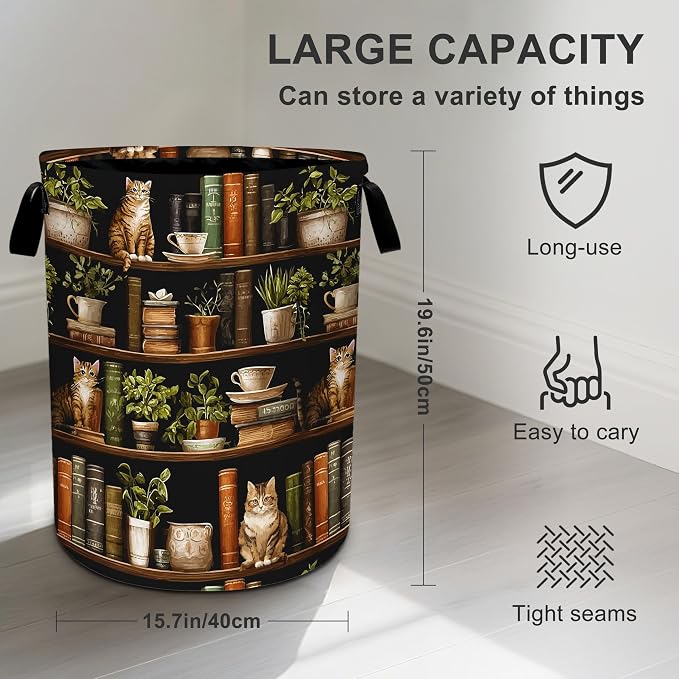 Wooden Bookshelf Cat Laundry Basket Storage Bin Foldable Laundry Hamper Clothes Storage Bucket Organizer 19.6x15.7 Inch For Laundry Room/Bedroom/Bathroom - Image 4