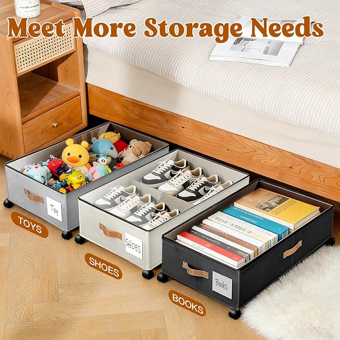 Under Bed Storage with Wheels, Rolling Storage Containers with Clear Lid and Handles for Clothes, Shoes, Blankets, Pillows, Toys, Books, Bags (60L, 30.9 x 16.9 x 6.7in, Beige, 2 Pack) - Image 5