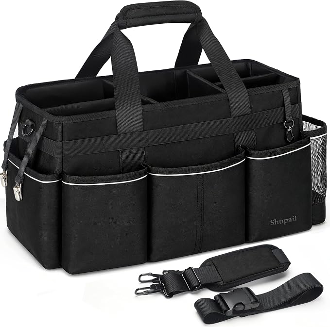 Extra Large Cleaning Caddy Bag with 4 Foldable Dividers, Wearable Cleaning Caddy Organizer with Handle & Shoulder Strap & Waist Strap, Housekeeping Tote for Cleaners, Black by TexCrafters