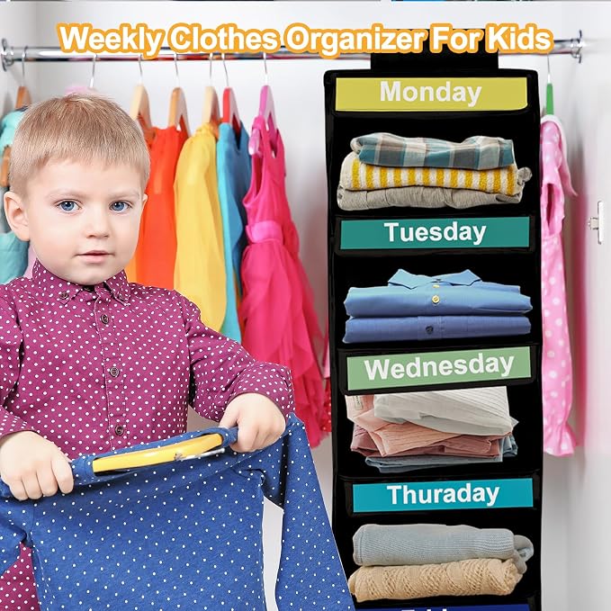 Weekly Clothes Organizer for Kids, Days of The Week Clothes Organizer with 6 Side Pockets, 5-Shelf Hanging Closet Organizer with Monday Through Friday Labels, Weekly Clothing Prepare & Divider - Image 4