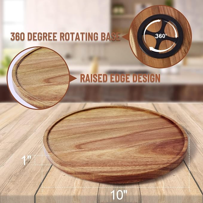[ 2 Pack ] 10-inch Acacia Wood Lazy Susan Organizers, ACIAZAAZ Lazy Susan Turntable for Cabinet, Kitchen Turntable Storage for Table, Countertop, Pantry - Image 3