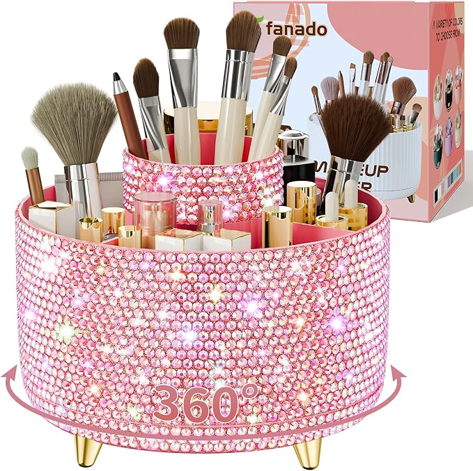 fanado Bling 360° Rotate Makeup Brush Holder Organizer, Makeup Organizers Countertop, Makeup organization and Skincare Storage for Vanity, Gift for Women Girls (Bling dz-Pink) by Unknown