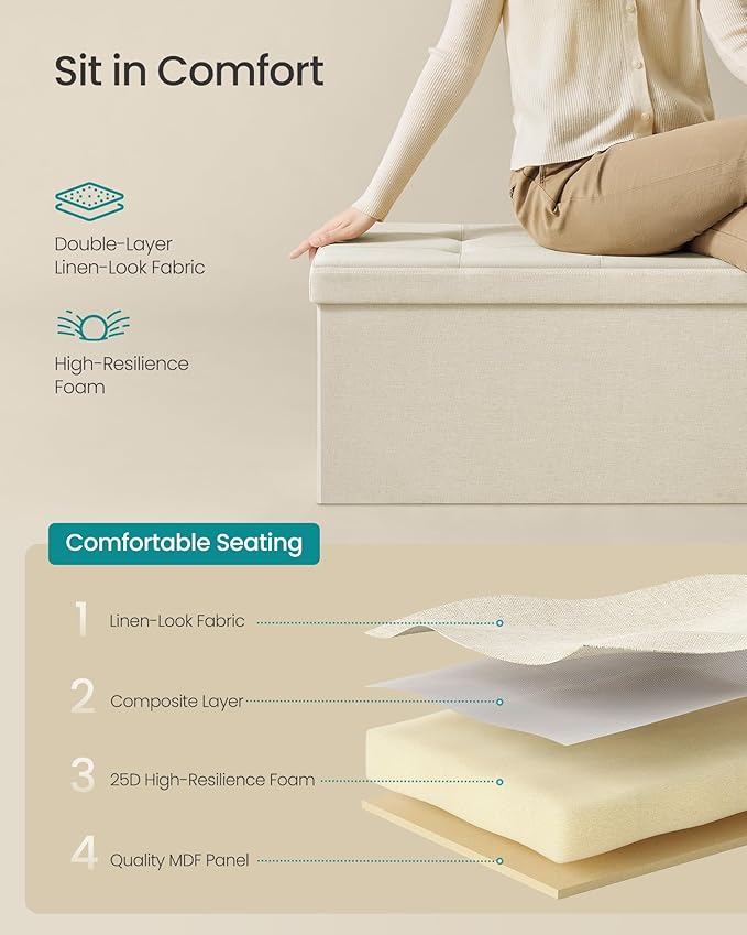 SONGMICS 43.3 Inches Folding Storage Ottoman Bench, Load 660 lb | Ottoman Foot Rest, Storage Chest, for Living Room, Entryway, Cream White and Ink Black, MINOTA Collection ULSF77BE - Image 5