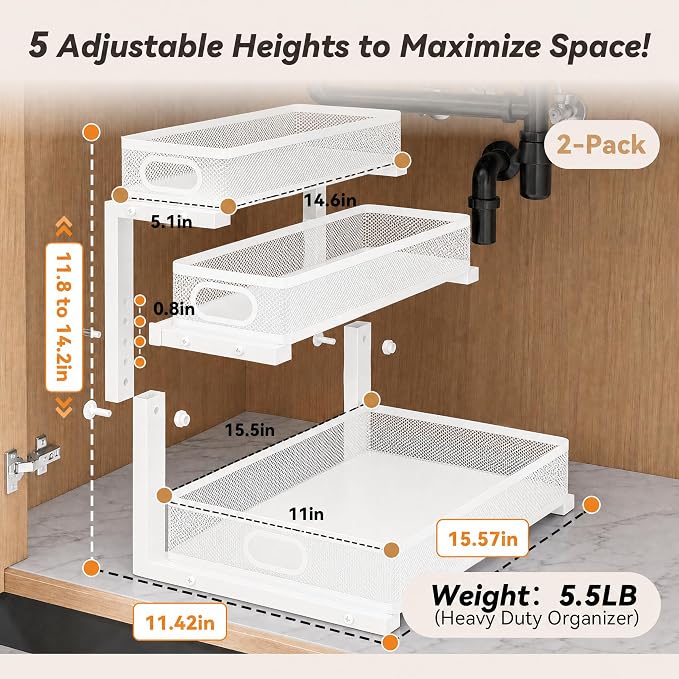 3-Tier Under Sink Organizer 2-Pack Organization for Bathroom Kitchen,White - Image 6