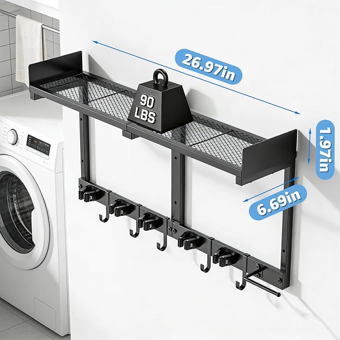 27" Mop and Broom Holder Wall Mount with Top Storage Shelf & Hooks,Black - Image 4