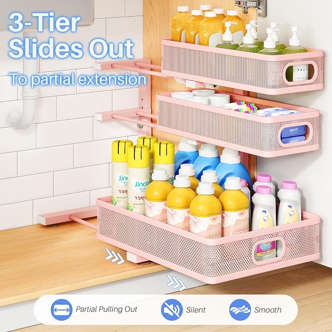 Under Sink Organizer, 3-Tier Thickened Metal Pull out Cabinet Organizer Shelf, Height Adjustable Slide out Storage Drawer Rack for Kitchen Bathroom Pantry Laundry Home Organization, 2-Pack, Pink - Image 5