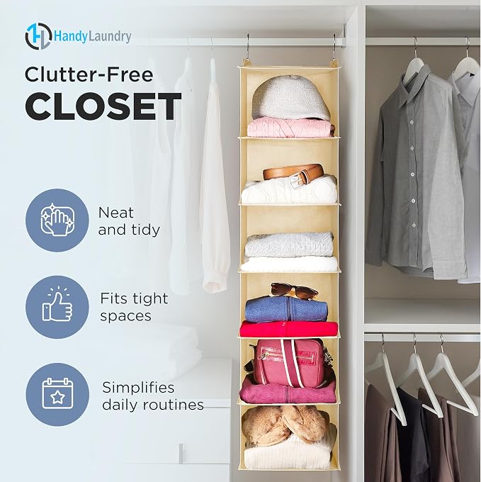 Handy Laundry Hanging Closet Organizer - 6 Shelf Storage for Clothes, Sweaters, Shoes & Accessories - Space-Saving Wardrobe Shelves with Hooks for Dorm, RV & Small Closet Organization (Beige) - Image 3