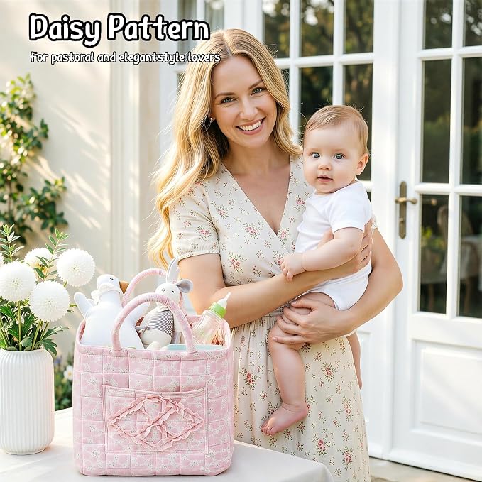 Quilted Fabric Car Storage Basket with Handles & Pocket, Foldable Laundry Hamper Boho Floral Print Organizer Bin for Home, Picnic, Office Nursery Cloth Toy 12"x10"x10" (Style A) - Image 4
