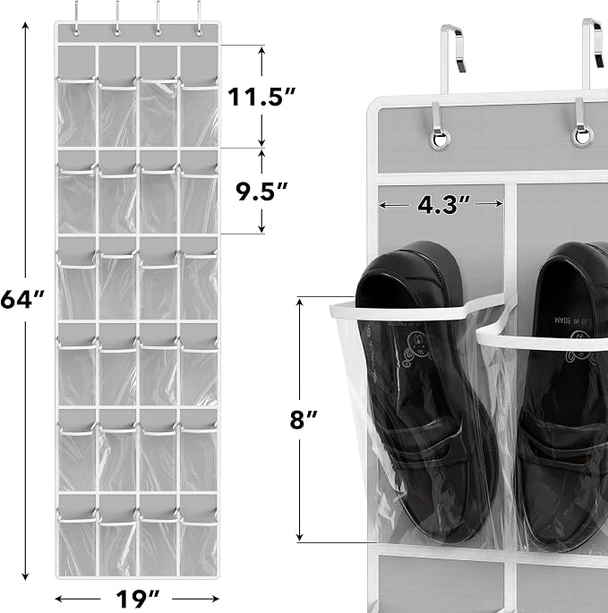 Simple Houseware 24 Pockets Clear Over the Door Shoe Organizer, Gray | 64" x 19", 4 Durable Metal Hooks, 4.3" x 9.5" Pocket Size, Multipurpose - Image 2