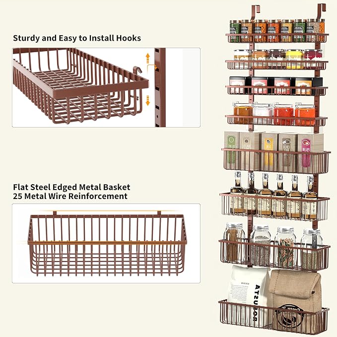 Moforoco Over The Door Pantry Organizer, Pantry Door Organizer Shelves, Kitchen Organizers and Storage, Hanging Basket Wall Spice Rack Seasoning Shelves, Laundry Room Bathroom accessories（Brown ） - Image 2
