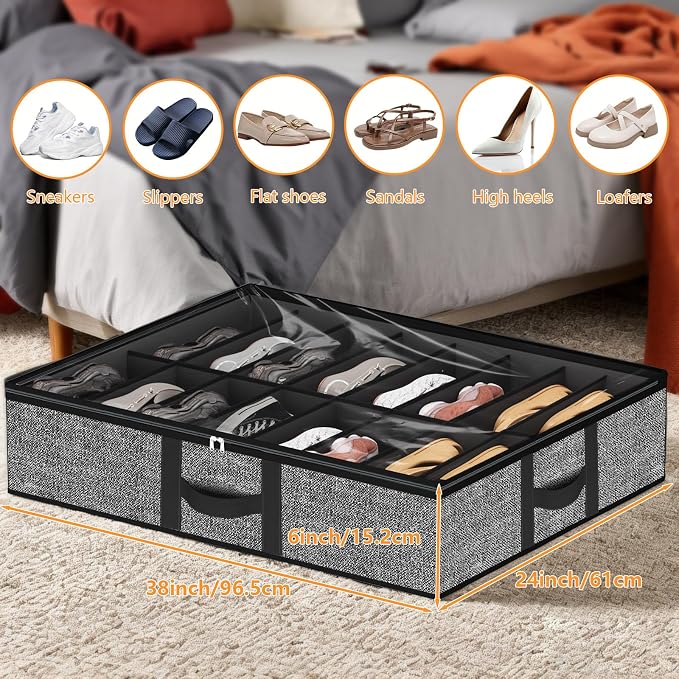 homyfort Under Bed Shoe Storage Organizer Fits 16 Pairs Shoes and 4 Pairs Boots, Underbed Shoe Storage Boxes Bins, Organizador De Zapatos, Extra Large Zapateras Organizer for closet, Black, Set of 2 - Image 2