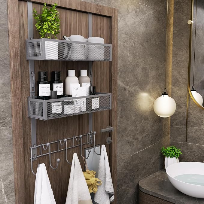 Consumest Over The Door Hooks Organizer - 3 Tier Door Hanger with 9 Coat Hooks & 2 Mesh Basket, Back Storage Organizer Hanging Towels for Bathroom, Bedroom, Grey - Image 7