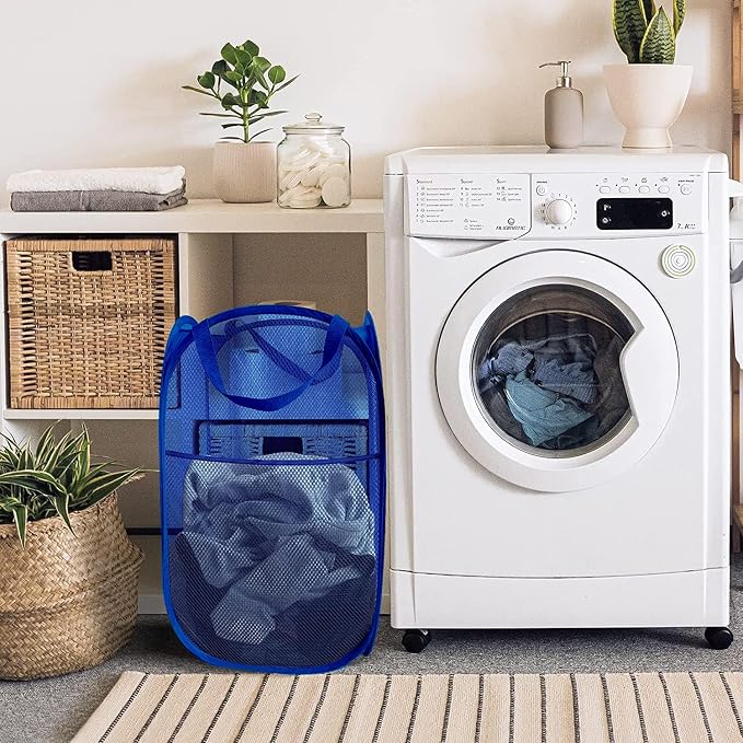 Larpur Mesh Laundry Basket, Pop up Laundry Hamper with Handles, Collapsible Clothes Basket for Travel, College, Dorm, Royal Blue - Image 4