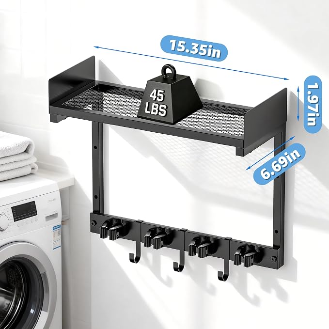 HUFAND 15" Wall Mounted Broom Holder and Mop Organizer with Shelf and Hook - Image 4