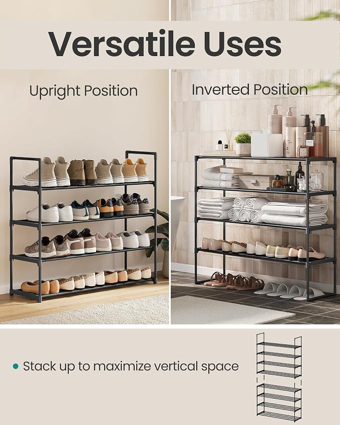 SONGMICS Shoe Rack, 4-Tier Shoe Organizer, Metal Storage Shelf | for Entryway, Upright or Upside Down, for 20-25 Pairs, Stackable, 11.8 x 36.2 x 29.1 Inches, Black ULSA14BK - Image 4