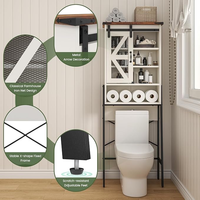 kepptory Over The Toilet Storage Cabinet, Above Toilet Storage Cabinet with Adjustable Shelves and Barn Door, Farmhouse Behind Toilet Bathroom Organizer for Bathroom, Laundry Room, Off-White - Image 8
