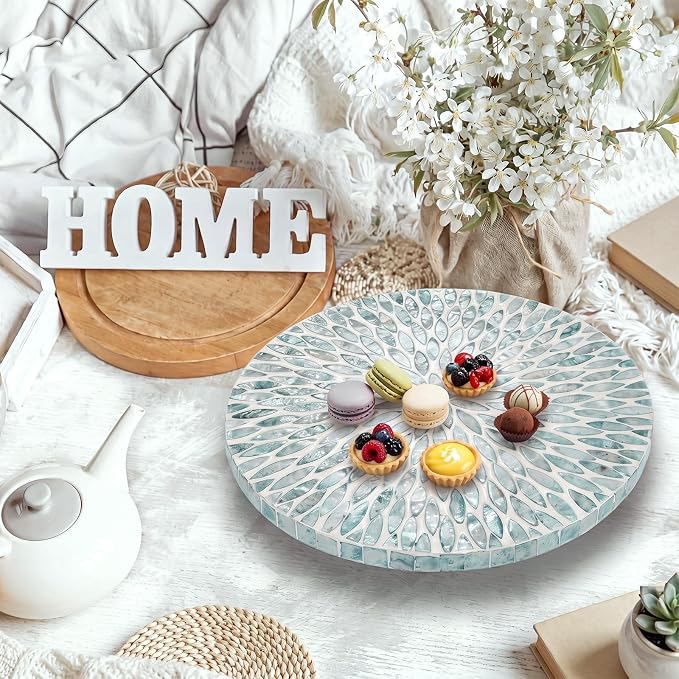 Reallnaive Mother of Pearl Lazy Susan for Table Turntable Organizer Marble Patterned Lazy Susan Wood Spinning Tray Rotating for Kitchen Cabinet Spice Pantry 12 Inch(Round,Blue Floral Petal) - Image 2